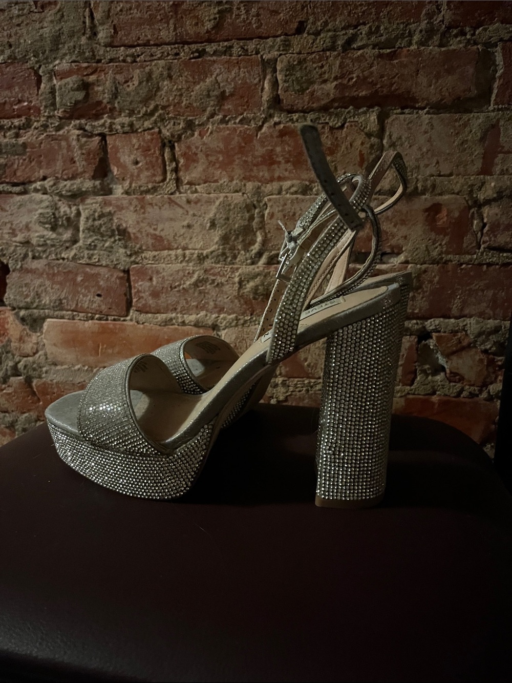 Steve Madden Silver Rhinestone Platform Block Heels